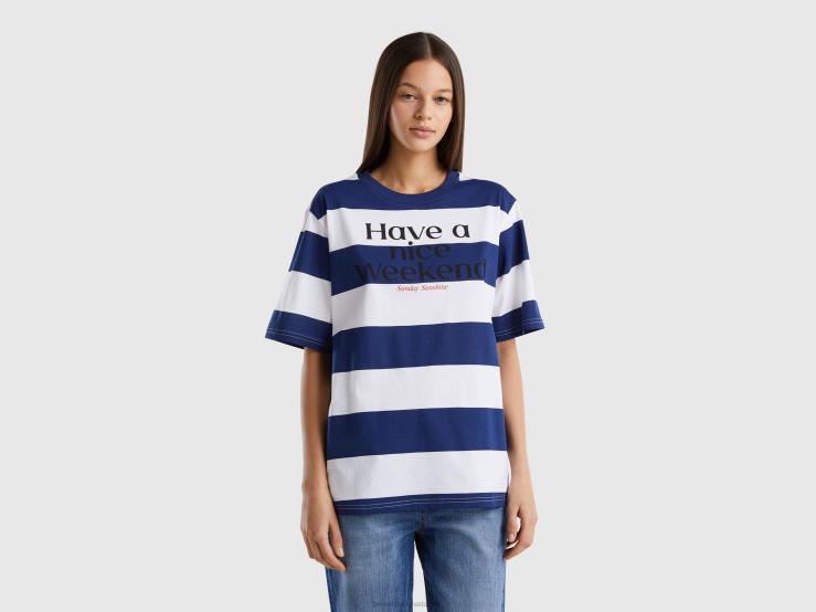 Striped T-Shirt With Slogan B4BF321 Benetton Women Blue