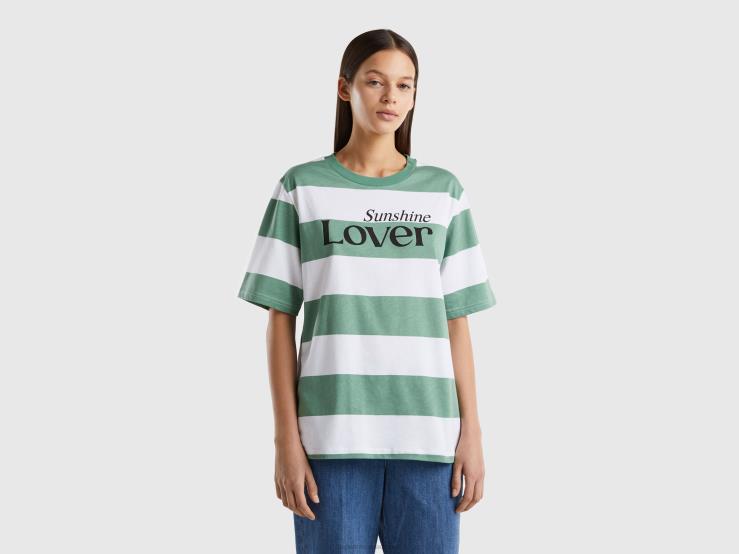 Striped T-Shirt With Slogan B4BF3780 Benetton Women Green