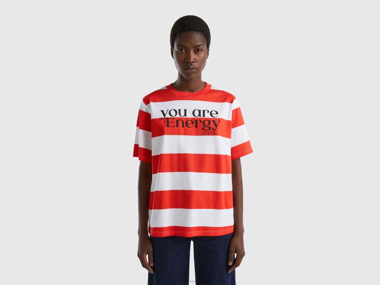 Striped T-Shirt With Slogan B4BF3824 Benetton Women Red