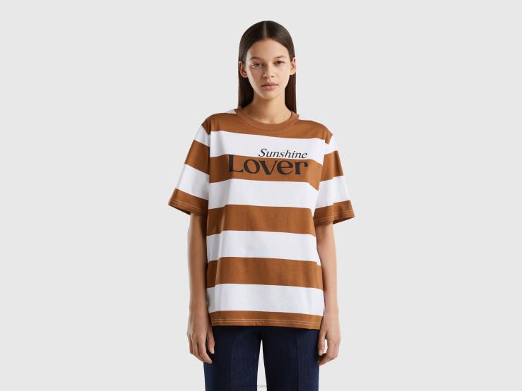 Striped T-Shirt With Slogan B4BF394 Benetton Women Beige