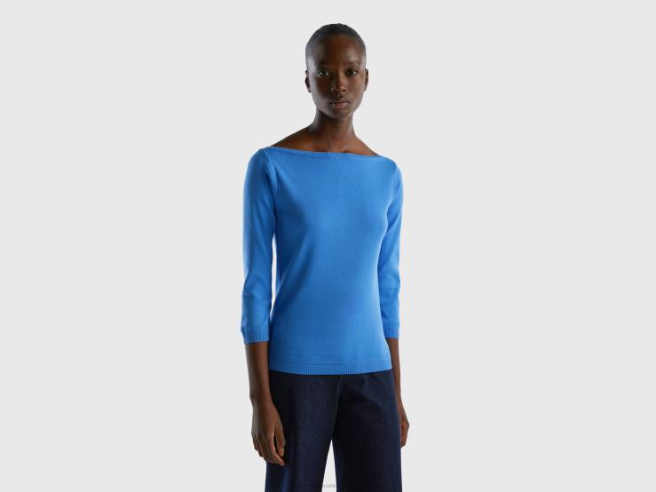 100% Cotton Boat Neck Sweater B4BF115 Benetton Women Light Blue