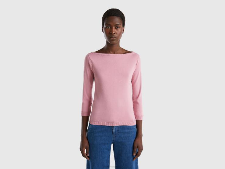 100% Cotton Boat Neck Sweater B4BF164 Benetton Women Pink