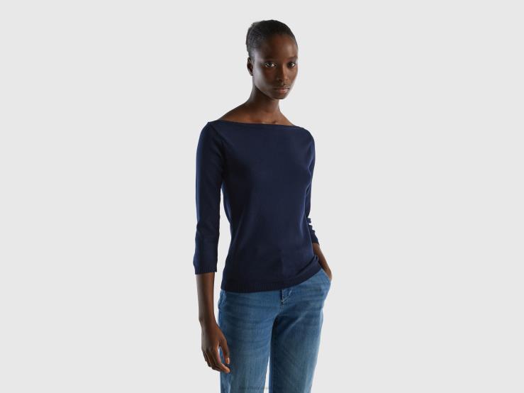 100% Cotton Boat Neck Sweater B4BF173 Benetton Women Dark Blue