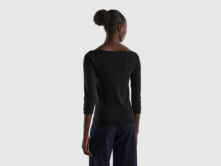 100% Cotton Boat Neck Sweater B4BF175 Benetton Women Black