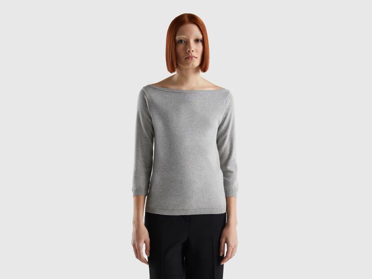 100% Cotton Boat Neck Sweater B4BF199 Benetton Women Light Gray