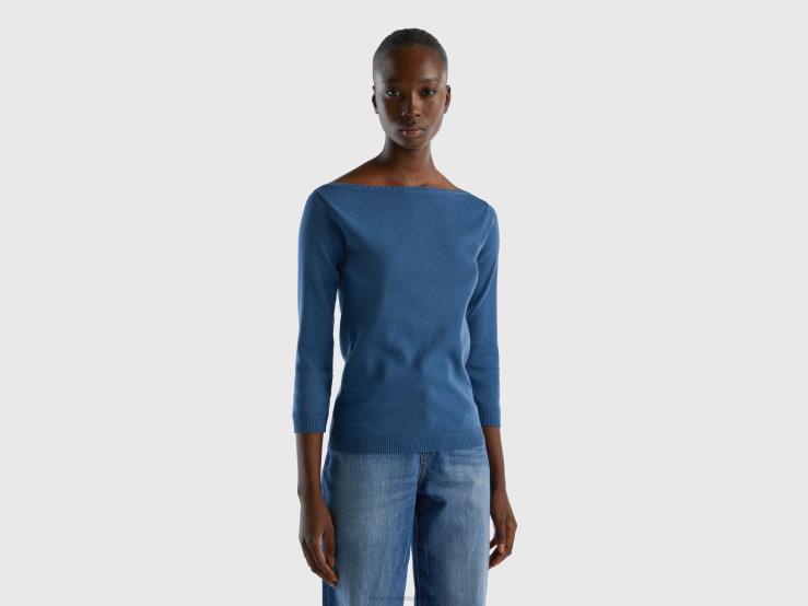 100% Cotton Boat Neck Sweater B4BF3582 Benetton Women Blue