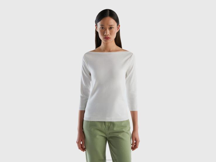 100% Cotton Boat Neck Sweater B4BF3638 Benetton Women White