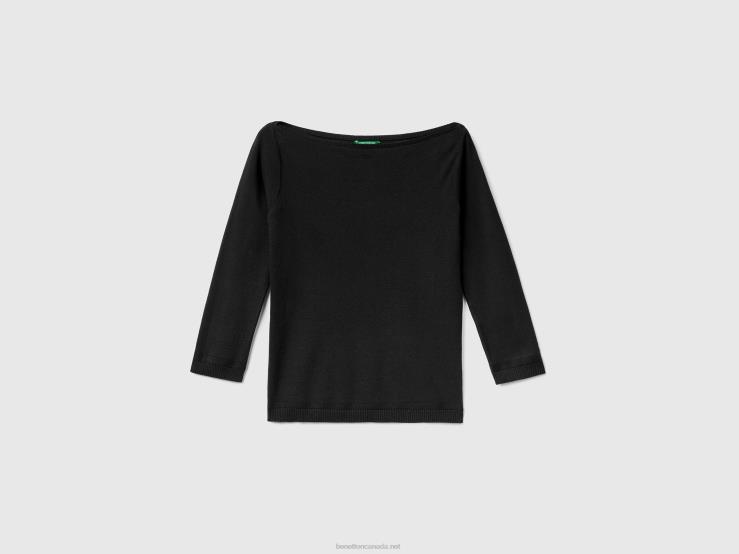 100% Cotton Boat Neck Sweater B4BF3648 Benetton Women Black