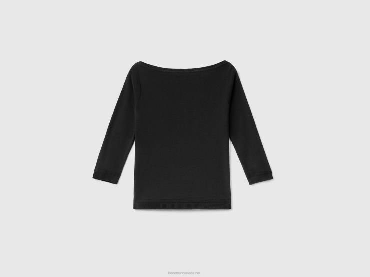 100% Cotton Boat Neck Sweater B4BF3648 Benetton Women Black