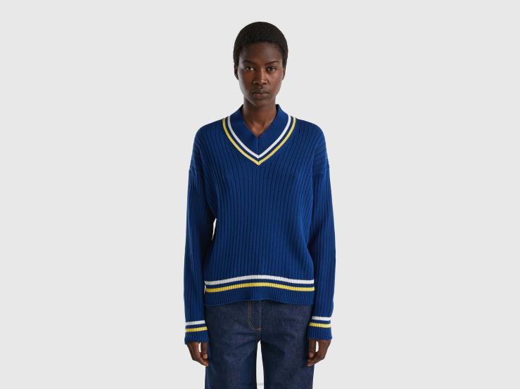 Blue Sweater With Striped Edges B4BF71 Benetton Women Blue