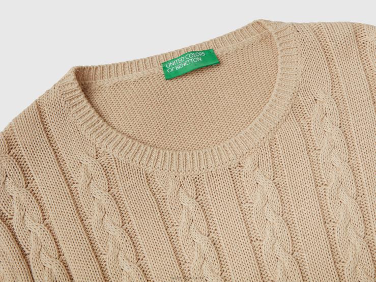 Cable Knit Sweater 100% Cotton B4BF140 Benetton Women Beige