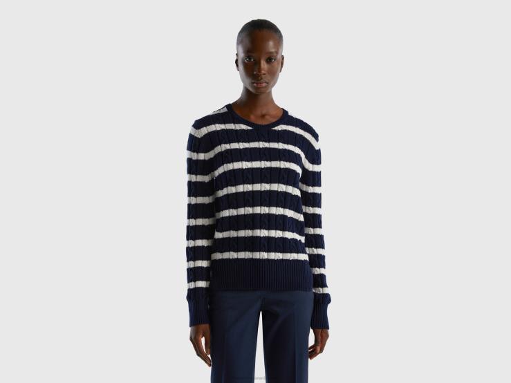 Cable Knit Sweater 100% Cotton B4BF230 Benetton Women Dark Blue