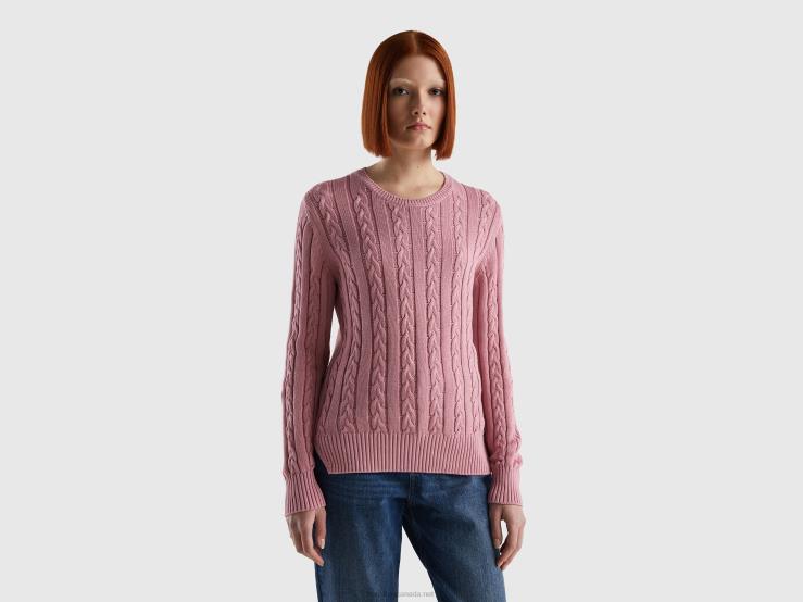 Cable Knit Sweater 100% Cotton B4BF3549 Benetton Women Pink