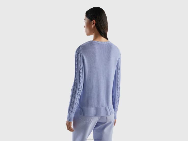 Cable Knit Sweater 100% Cotton B4BF3578 Benetton Women Lavender