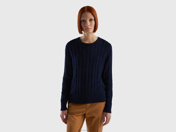 Cable Knit Sweater 100% Cotton B4BF67 Benetton Women Dark Blue