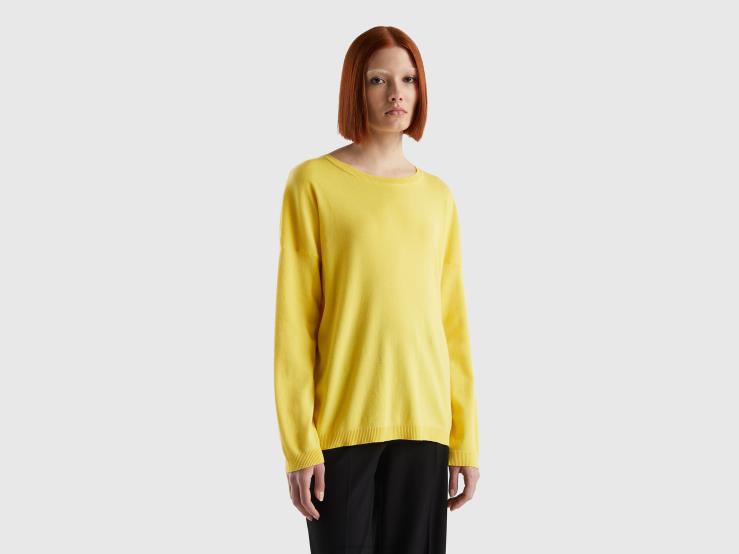 Cotton Sweater With Round Neck B4BF102 Benetton Women Yellow