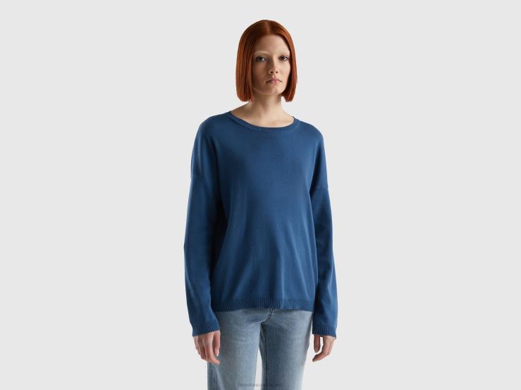 Cotton Sweater With Round Neck B4BF162 Benetton Women Blue