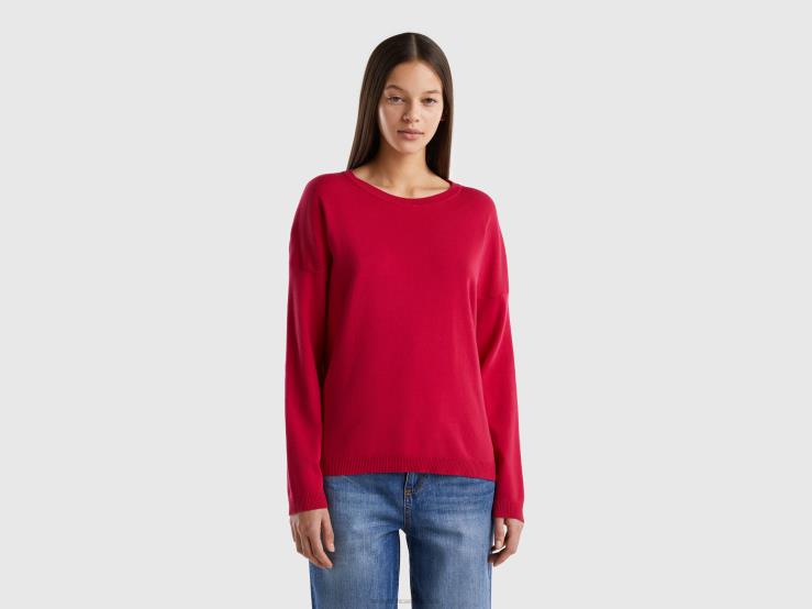 Cotton Sweater With Round Neck B4BF3534 Benetton Women Fuchsia