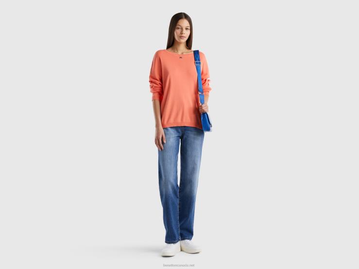 Cotton Sweater With Round Neck B4BF3586 Benetton Women Orange