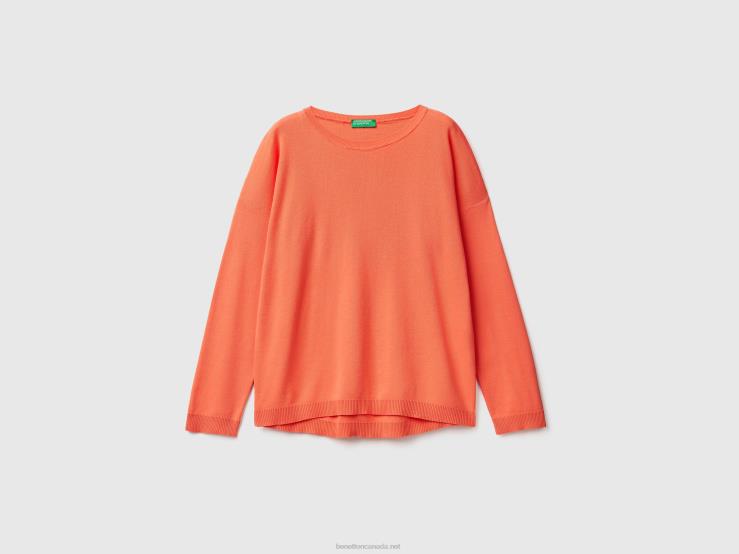 Cotton Sweater With Round Neck B4BF3586 Benetton Women Orange