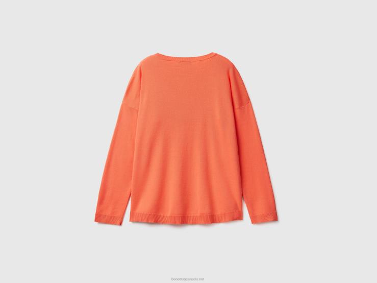 Cotton Sweater With Round Neck B4BF3586 Benetton Women Orange