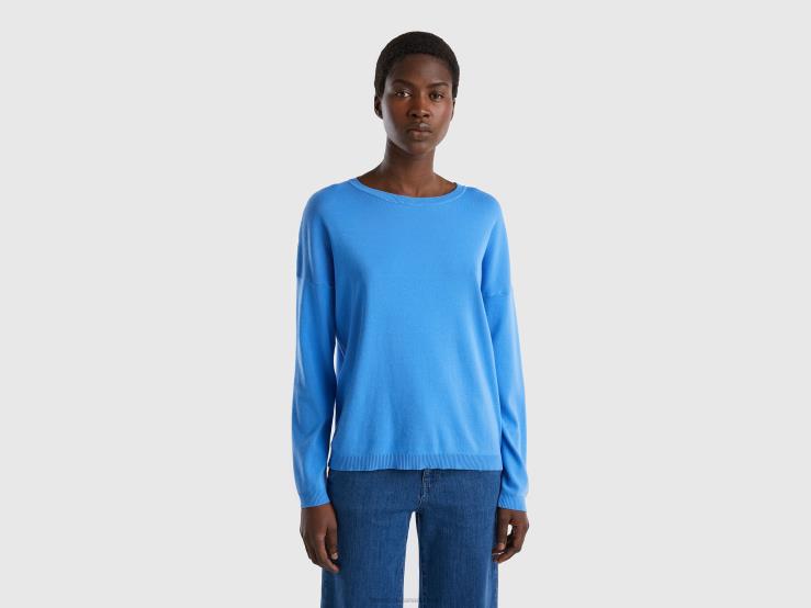Cotton Sweater With Round Neck B4BF3594 Benetton Women Light Blue