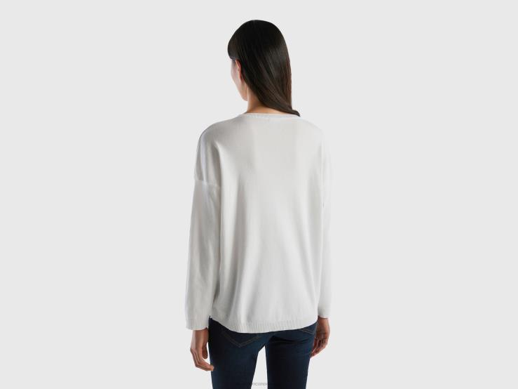 Cotton Sweater With Round Neck B4BF3672 Benetton Women White