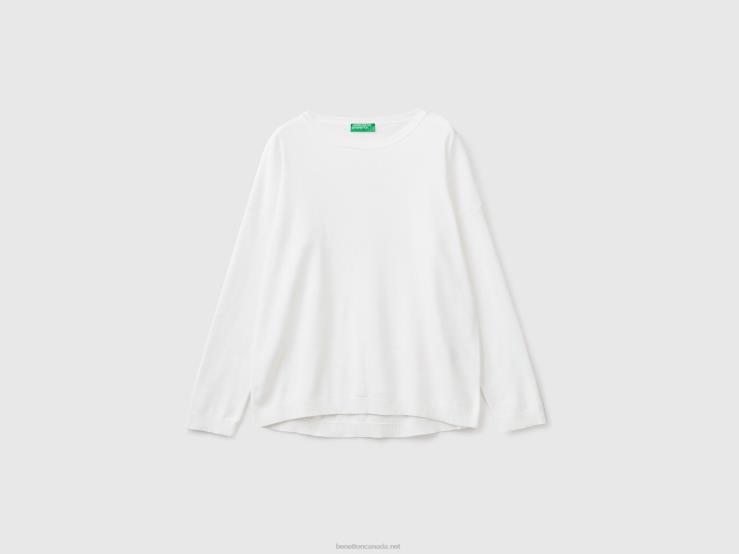 Cotton Sweater With Round Neck B4BF3672 Benetton Women White