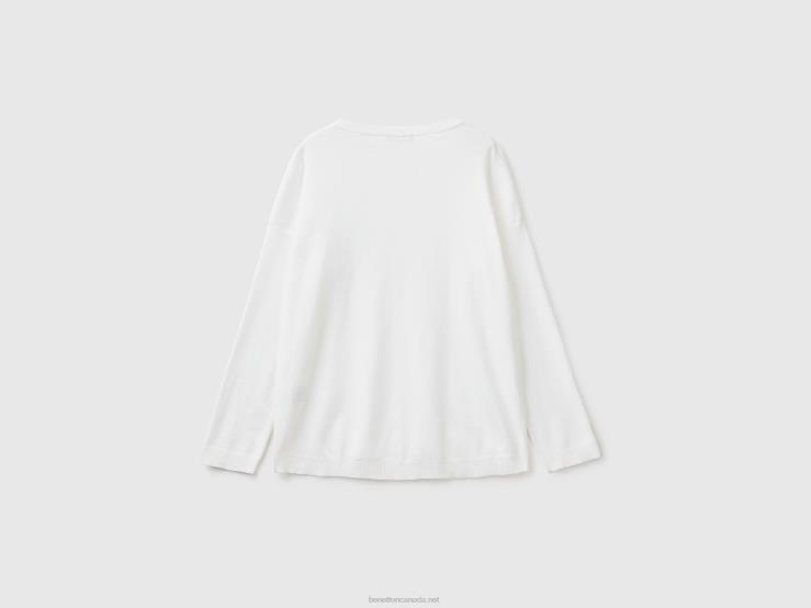 Cotton Sweater With Round Neck B4BF3672 Benetton Women White