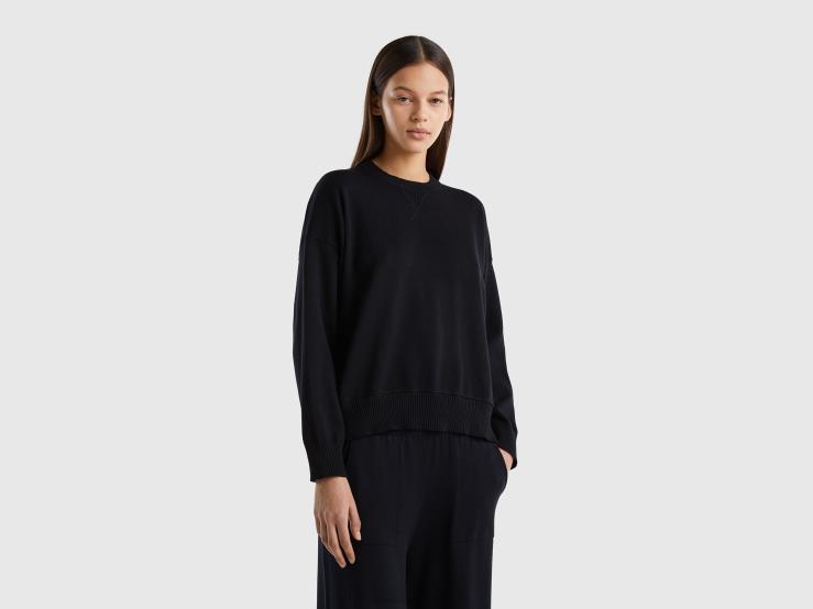 Crew Neck Sweater In Tricot Cotton B4BF55 Benetton Women Black