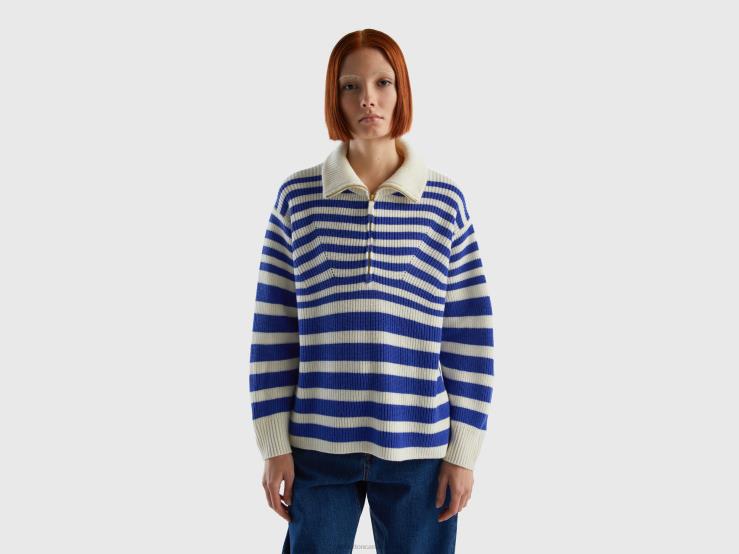 High Neck Striped Sweater B4BF135 Benetton Women Bright Blue