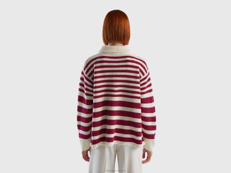 High Neck Striped Sweater B4BF61 Benetton Women Burgundy
