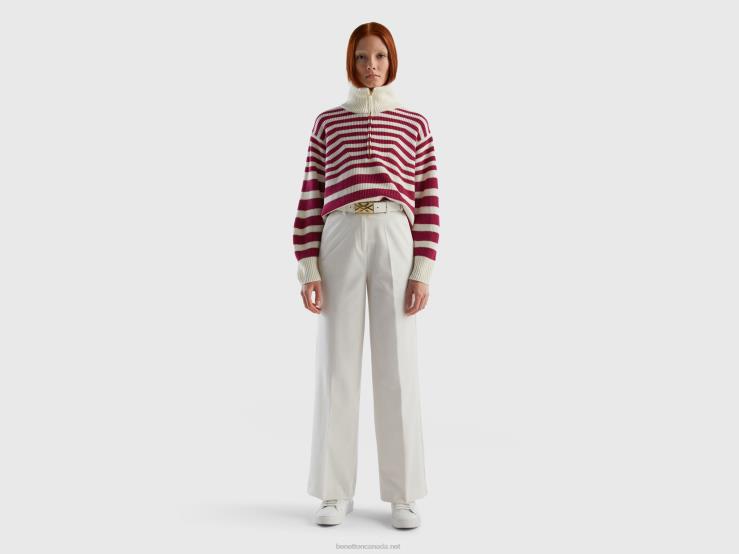 High Neck Striped Sweater B4BF61 Benetton Women Burgundy