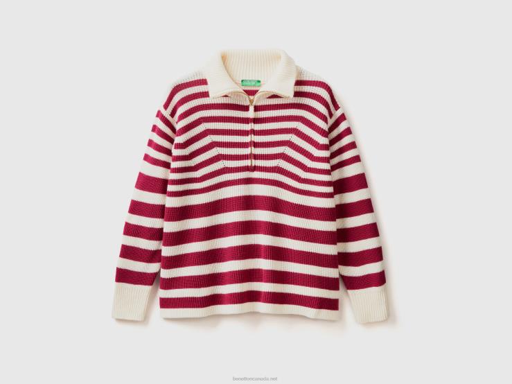 High Neck Striped Sweater B4BF61 Benetton Women Burgundy