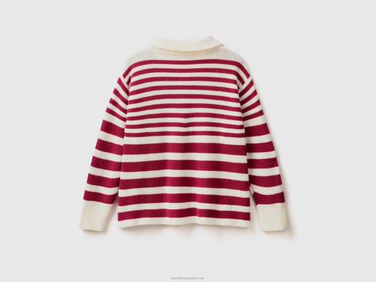 High Neck Striped Sweater B4BF61 Benetton Women Burgundy