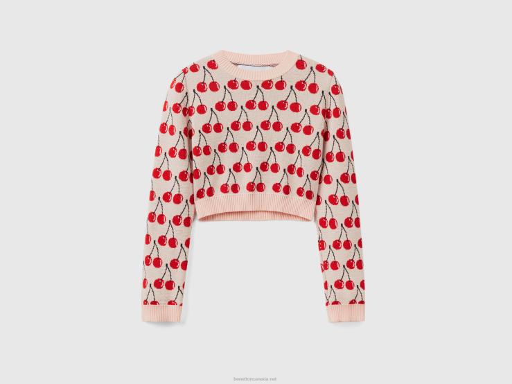 Pink Cropped Sweater With Cherry Pattern B4BF139 Benetton Women Pink
