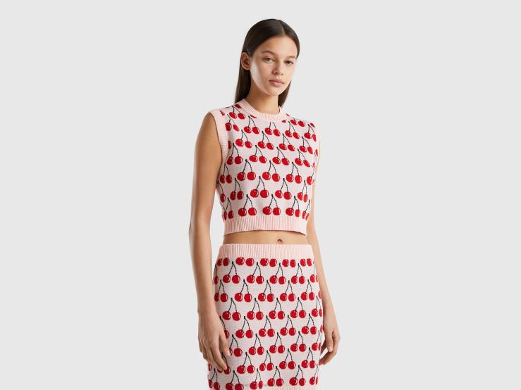 Pink Vest With Cherry Pattern B4BF3485 Benetton Women Pink