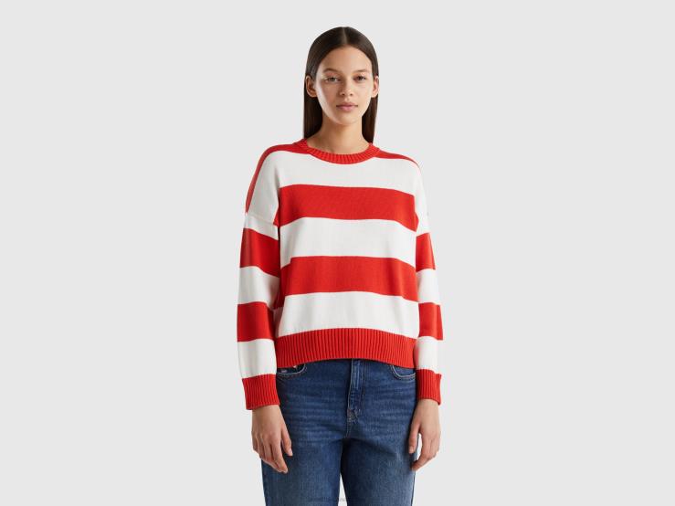 Striped Sweater In Tricot Cotton B4BF3584 Benetton Women Red