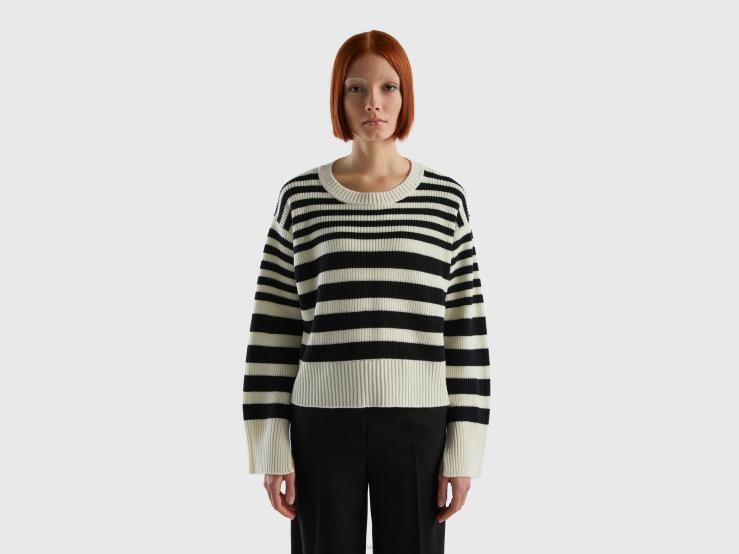 Striped Sweater In Wool Blend B4BF3556 Benetton Women Black