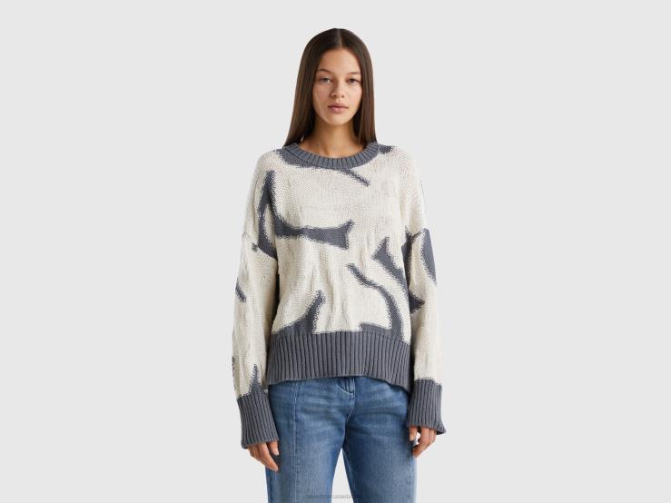 Sweater With Floral Inlay B4BF82 Benetton Women Gray