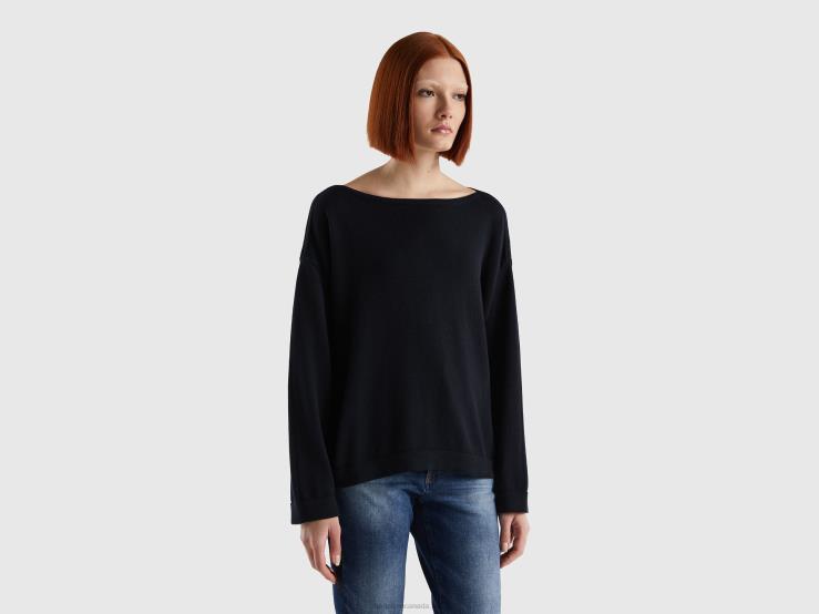 Sweater With Laces And Boat Neck B4BF22 Benetton Women Black