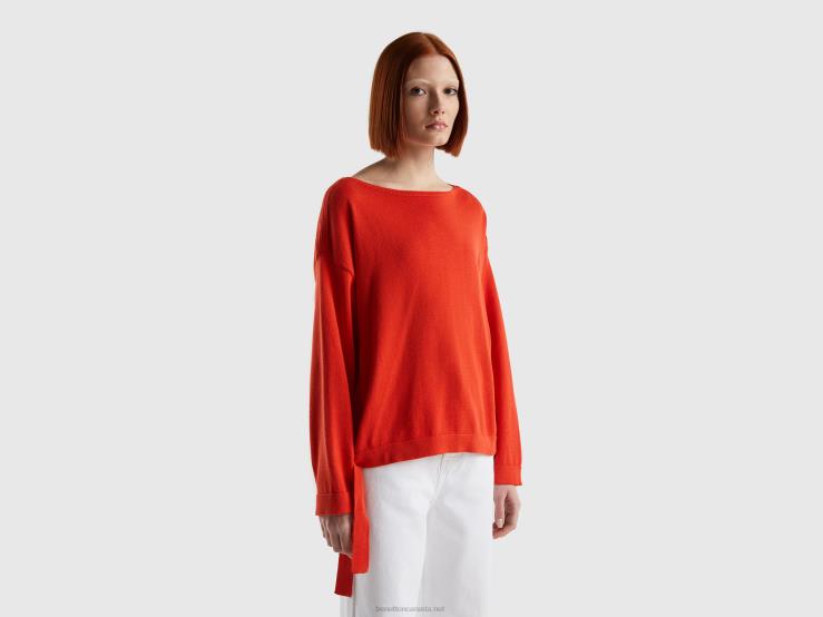 Sweater With Laces And Boat Neck B4BF3535 Benetton Women Red