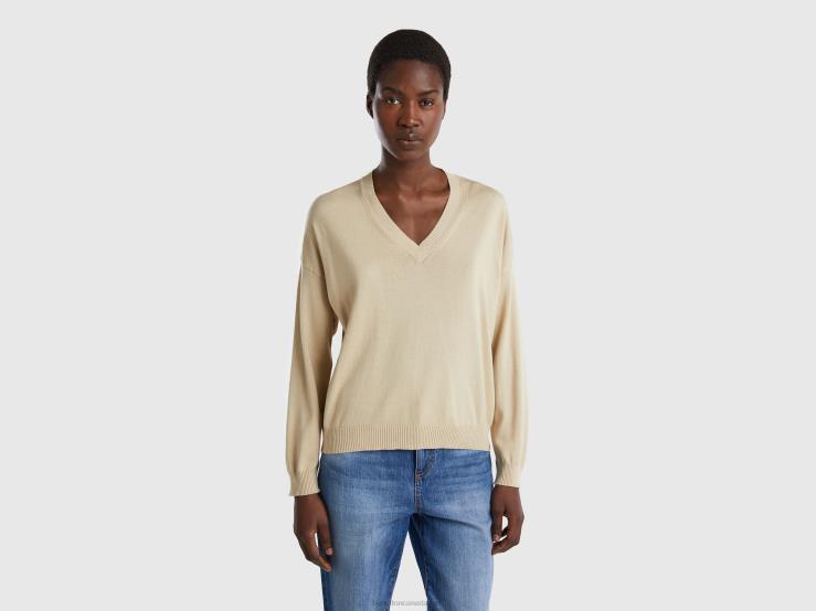 Sweater With V-Neck B4BF129 Benetton Women Beige