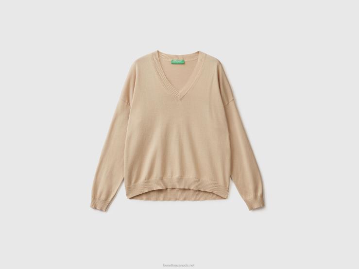 Sweater With V-Neck B4BF129 Benetton Women Beige