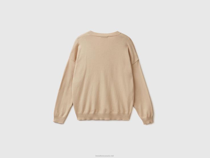Sweater With V-Neck B4BF129 Benetton Women Beige