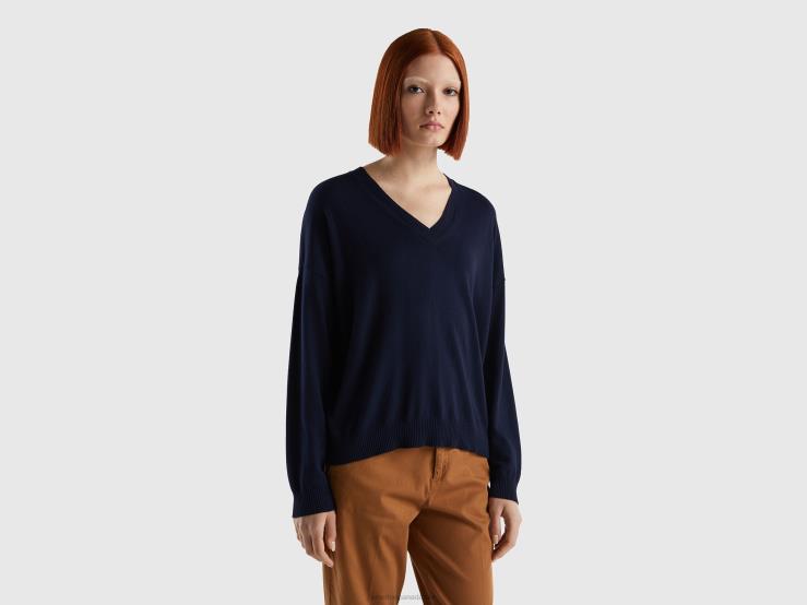 Sweater With V-Neck B4BF23 Benetton Women Dark Blue