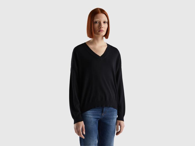 Sweater With V-Neck B4BF3585 Benetton Women Black
