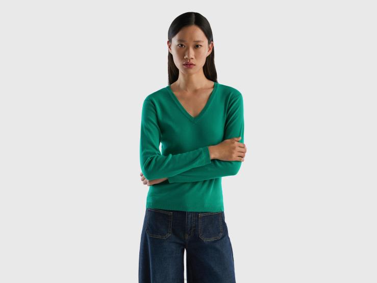 V-Neck Sweater In Pure Cotton B4BF176 Benetton Women Green