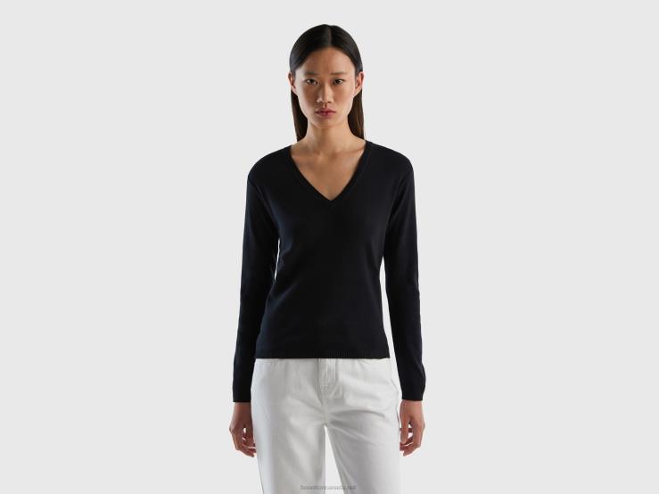 V-Neck Sweater In Pure Cotton B4BF215 Benetton Women Black