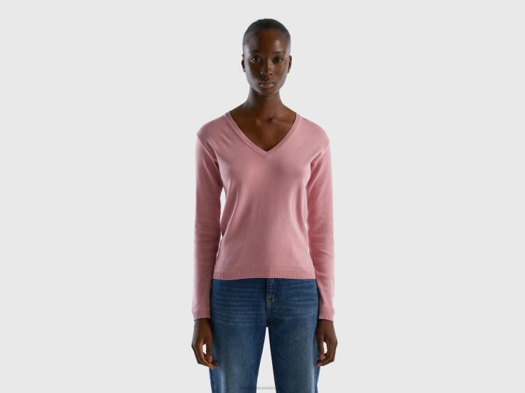 V-Neck Sweater In Pure Cotton B4BF217 Benetton Women Pink